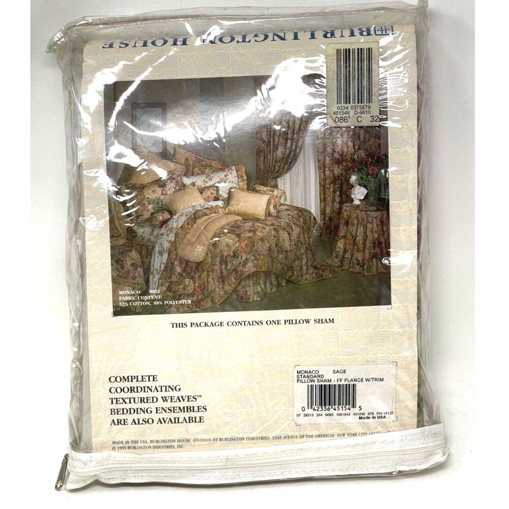 Burlington House Monaco Sage Pillow Sham New in Package Standard Size USA Made